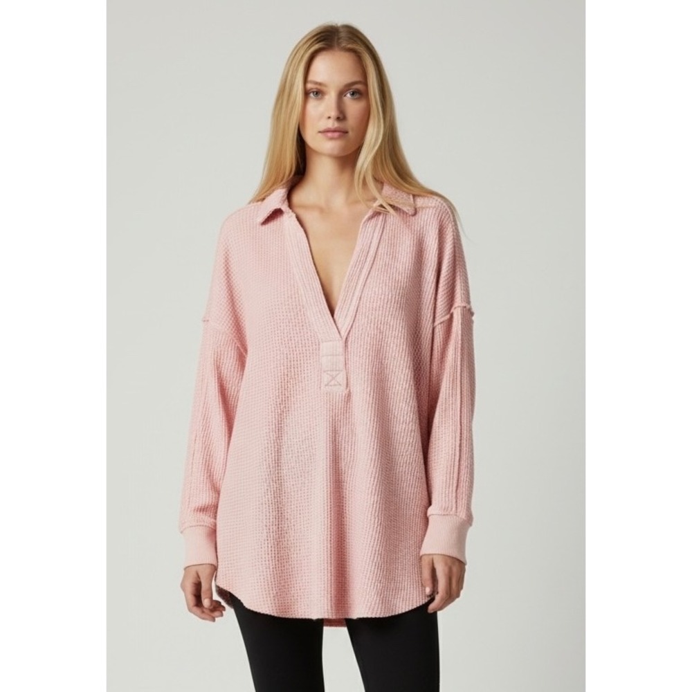 Aerie Pink Waffle Knit Oversized Henley Tunic Top Size Large Tops Casual
